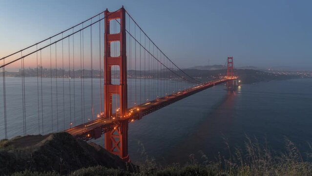 Sunrise time lapse of the Golden Gate Bridge in San Francisco, California.
