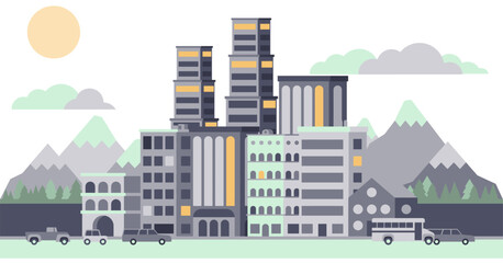 Obraz premium Modern city landscape buildings and architecture real estate silhouette vector background illustration