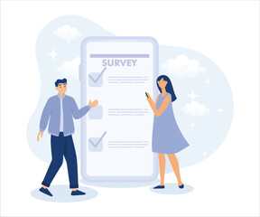 opinion or customer feedback using internet concept, man and woman using mobile or smartphone to fill in online survey checklist. Flat vector modern illustration 