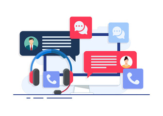 Customer support flat vector illustration with desktop computer headset, message bubbles, customer service, online support, help desk