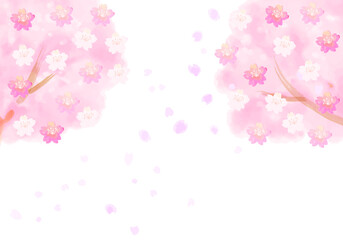 水彩和風の桜の木と散る花びらのフレーム