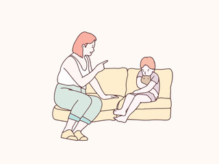 Daughter hugging doll being scolded by mother in living room korean style illustration