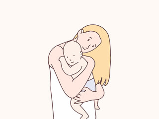 Mother hugs baby warmly simple korean style illustration