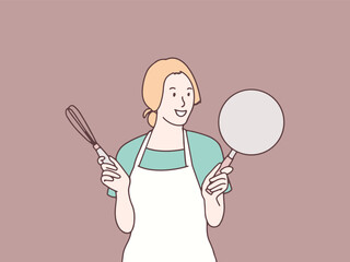 Mom is getting ready to cook with a pan and a whisk simple korean style illustration