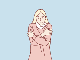 Young Girl in sweater and scarf shivering from cold feel sick simple korean style illustration