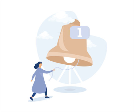 Ring subscription bell,young woman new subscriber ringing the big bell with notification number.Flat vector modern illustration 