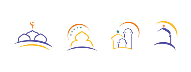 set of islamic emblem label for holiday event like ramadan, ied al fitr, ied al adha. islamic architecture elements of mosque minarets, domes, doors, crescents.