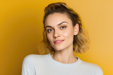  Beautiful young woman smiling looking at the camera on yellow background,. Generative AI