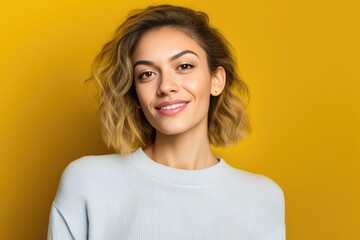  Beautiful young woman smiling looking at the camera on yellow background,. Generative AI
