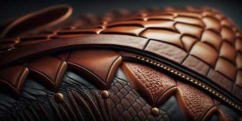 Brown leather texture and seams. Detail, macro photography, created by artificial intelligence.