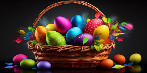 Colorful Easter eggs in a basket with feathers