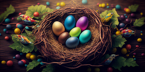 Fototapeta na wymiar Colorful Easter eggs in a birds nest top down view