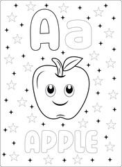 Obraz premium Fruits Alphabet Coloring Tracing. Alphabet Letter Tracing. animals Alphabet Coloring Tracing. Vector cute kids alphabet. Letter. Set of cute car Fruits Alphabet Coloring A