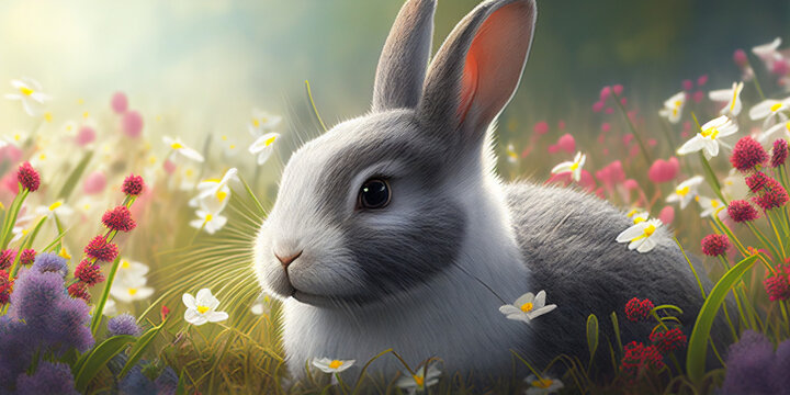Cute painting of an Easter bunny in a flower field, soft focused background