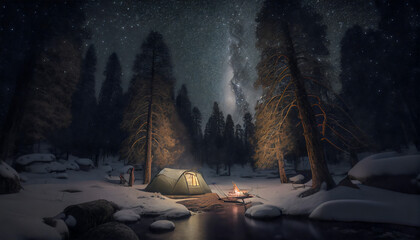 camping at winter night in forest, milky way, cozy, tent, fire