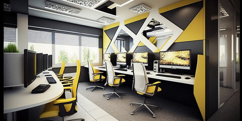 Modern interior office with computers, yellow and black artwork and chairs created by Generative AI