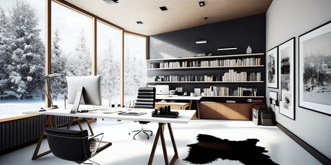 Winter office space for a creative designer, large glass windows, white interior with a bookshelf, computer desk, paintings on the wall created by Generative AI
