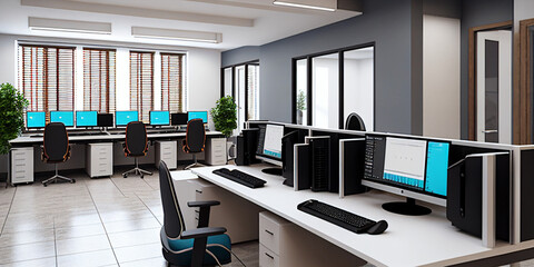 Office interior with computers and multiple monitors created by Generative AI