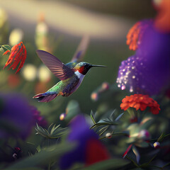 Fototapeta premium Hummingbird animal, hummingbird flying between flower, honey, and nectar, hummingbird generative ai