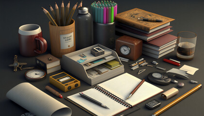 stationery, office supplies, pen, notebook on the table