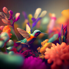 Fototapeta premium Hummingbird animal, hummingbird flying between flower, honey, and nectar, hummingbird generative ai