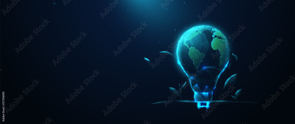Poster low polygonal wireframe style light bulb with globe and eco-friendly environment. green energy. illu