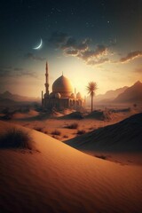 A serene desert landscape with a beautiful illuminated mosque in the distance