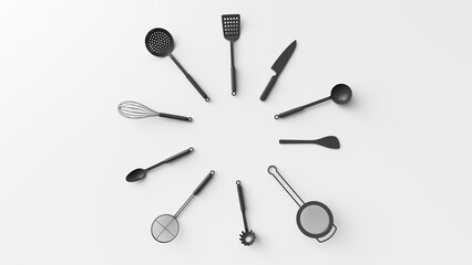 kitchen utensils top view on white background 3d rendering