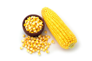 Sweet corn in wooden bowl isolated on white background. top view.