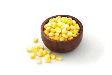 Sweet corn in wooden bowl isolated on white background.