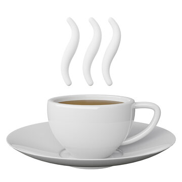 Modern white coffee cup with hot steam symbol hovering over cup with transparent 3D render illustration.