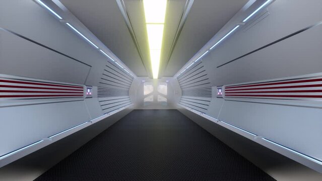 Futuristic corridor on spaceship open doors light 