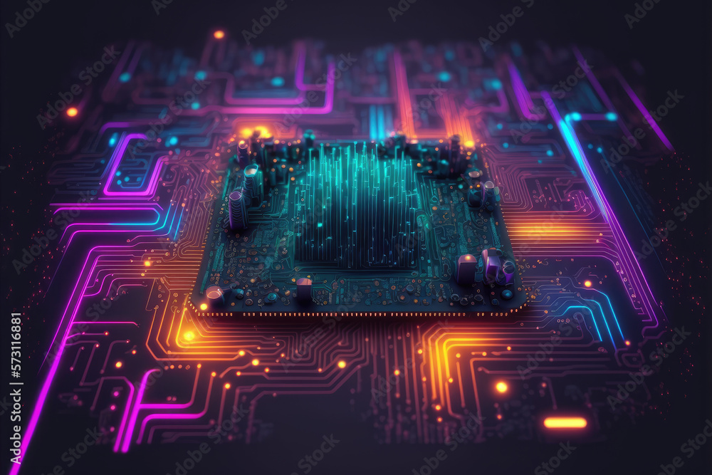 Poster computer microchip semiconductor on motherboard futuristic cyber neon lighting. peculiar ai generati