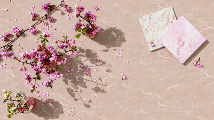 Luxurious two samples of kitchen counter, slab selection with pink and purple color on the marble...