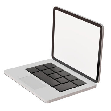 Minimal style silver color cartoon laptop with blank white screen isolated on transparent background 3D render illustration