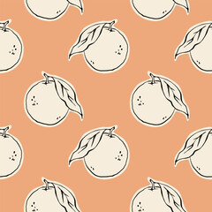 Hand drawn oranges with leaves fruit seamless pattern in pastel color shades summer print design