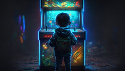 Boy playing arcade machine with neon lights, Back view of boy playing arcade machine Generative AI

