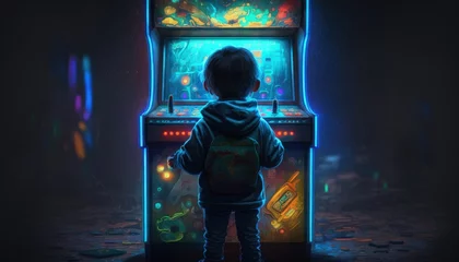 Fotobehang Boy playing arcade machine with neon lights, Back view of boy playing arcade machine Generative AI   © Kaleb
