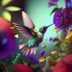 Hummingbird animal, hummingbird flying between flower, honey, and nectar, hummingbird generative ai
