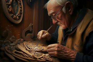 Older craftsman working on intricate piece of art, generative art