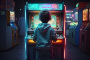 Boy playing arcade machine with neon lights, Back view of boy playing arcade machine Generative AI