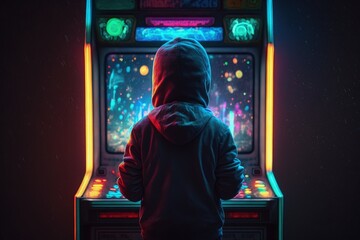 Boy playing arcade machine with neon lights, Back view of boy playing arcade machine Generative AI - obrazy, fototapety, plakaty