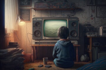 Boy playing old video game in bedroom, Back to back boy in old playroom, Generative AI
