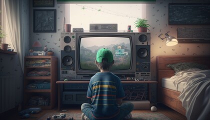 Boy playing old video game in bedroom, Back to back boy in old playroom, Generative AI
