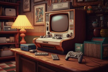 Old games room, Playroom, old game console, Generative AI