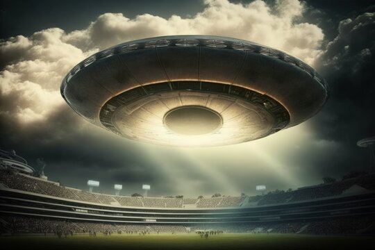 Flying saucer flying over soccer stadium, alien ship, alien spaceship in soccer stadium, digital illustration, Generative AI

