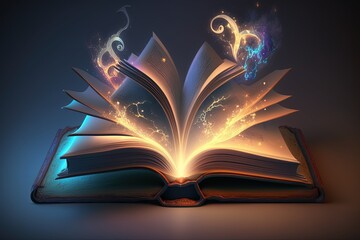 Book of spells, open magic book coming out mystical energy, Generative AI