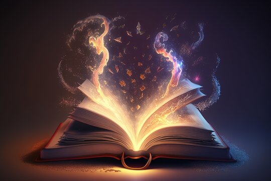 Book of spells, open magic book coming out mystical energy, Generative AI