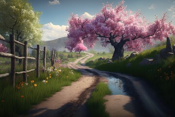 Spring landscape with pink tree, flowers and road, Generative AI