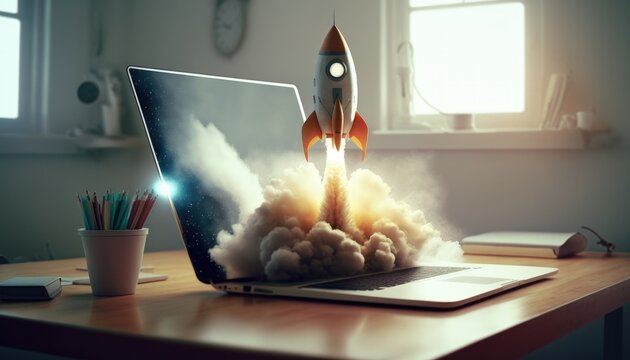 Rocket Taking Off From Laptop Screen On Top Of Office Desk, Successful Startup Concept, Generative AI